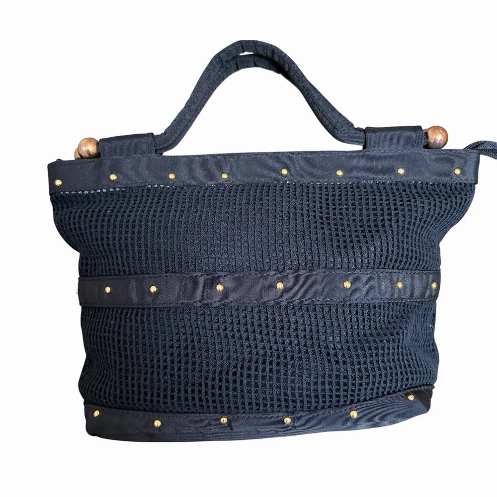 Japanese Black Nylon Open Weave Satchel Top Handle Gold Studded Made in Japan